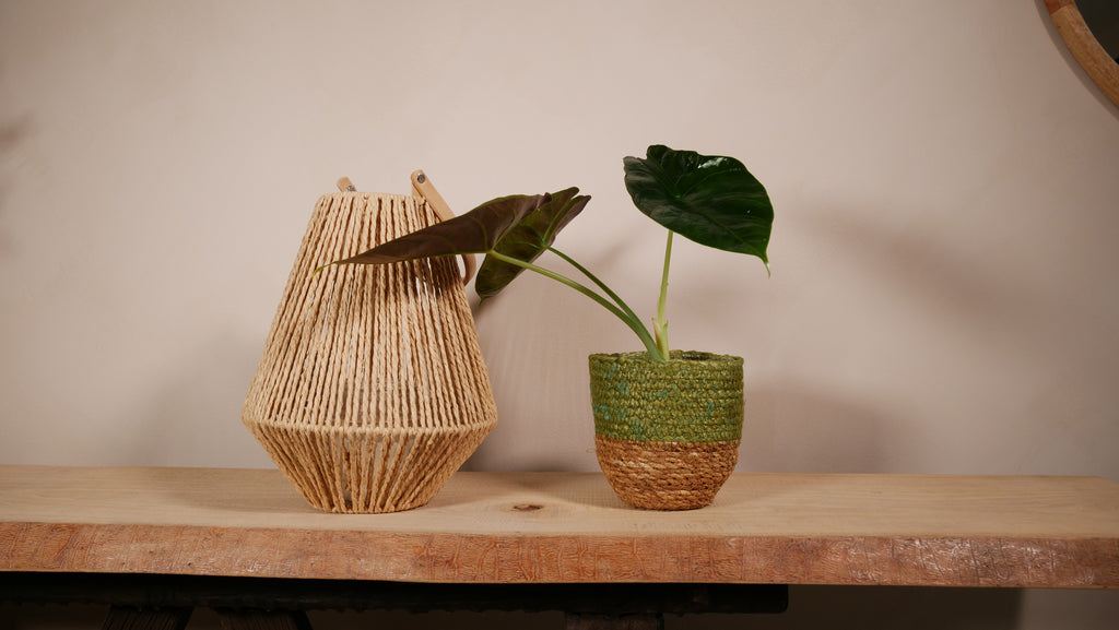 Cache-pot Malaga — Jute tressé vert olive & naturel