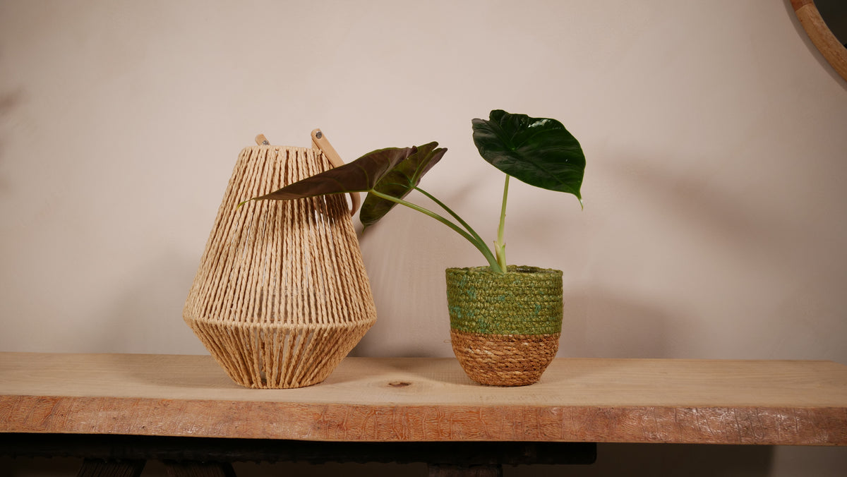 Cache-pot Malaga — Jute tressé vert olive & naturel
