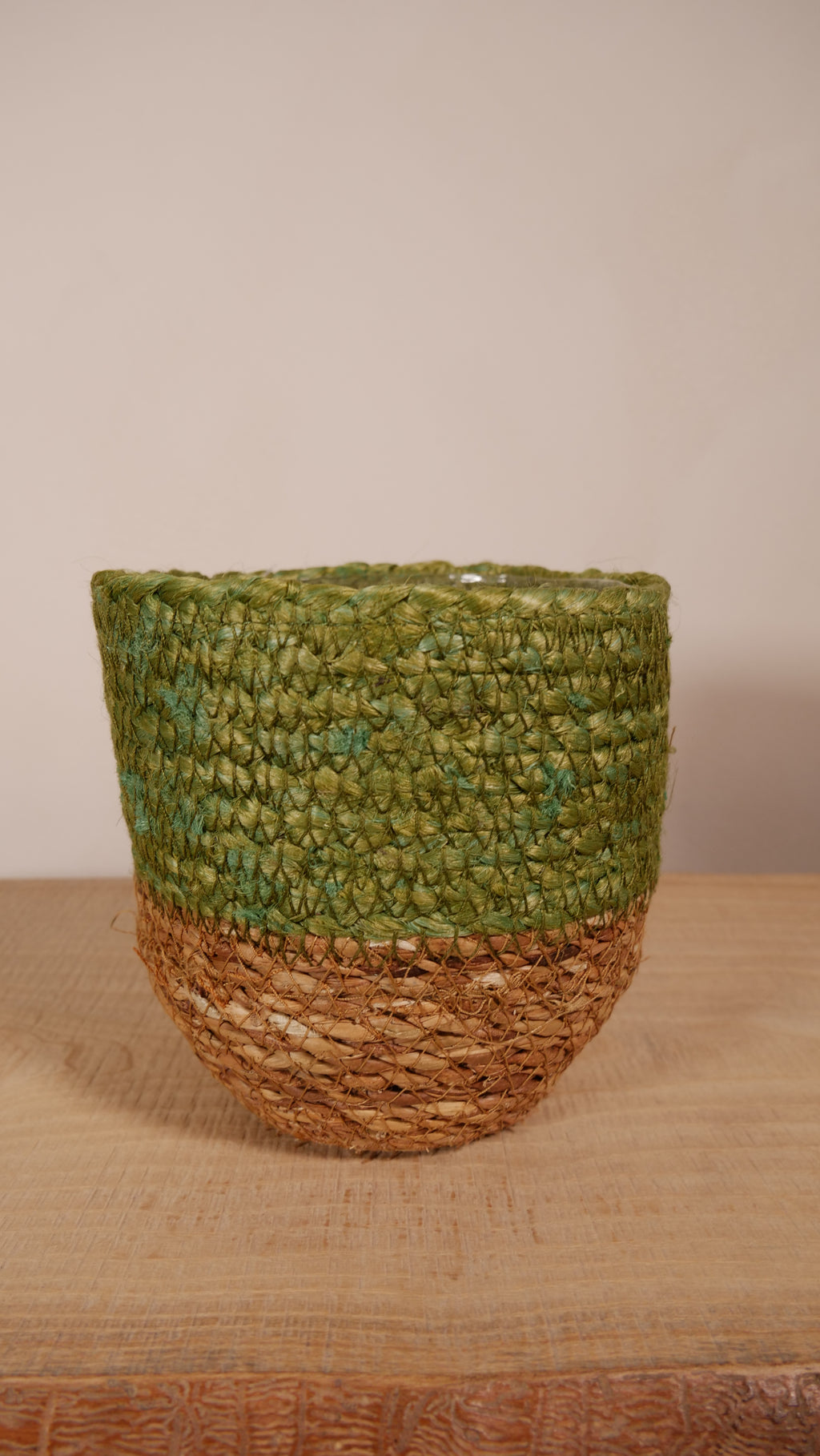 Cache-pot Malaga — Jute tressé vert olive & naturel