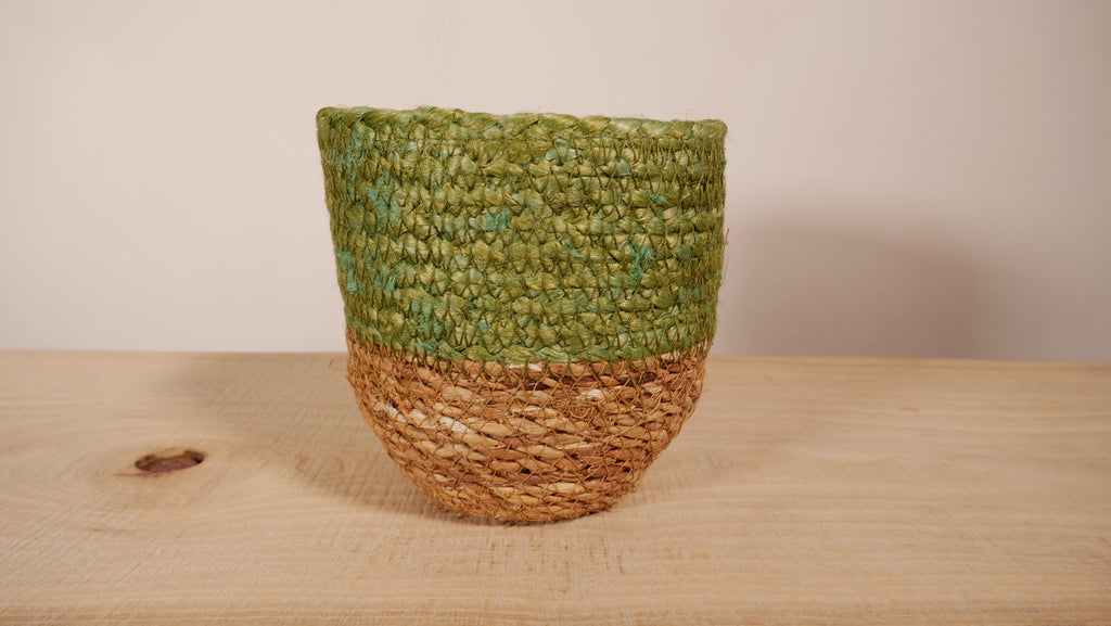 Cache-pot Malaga — Jute tressé vert olive & naturel