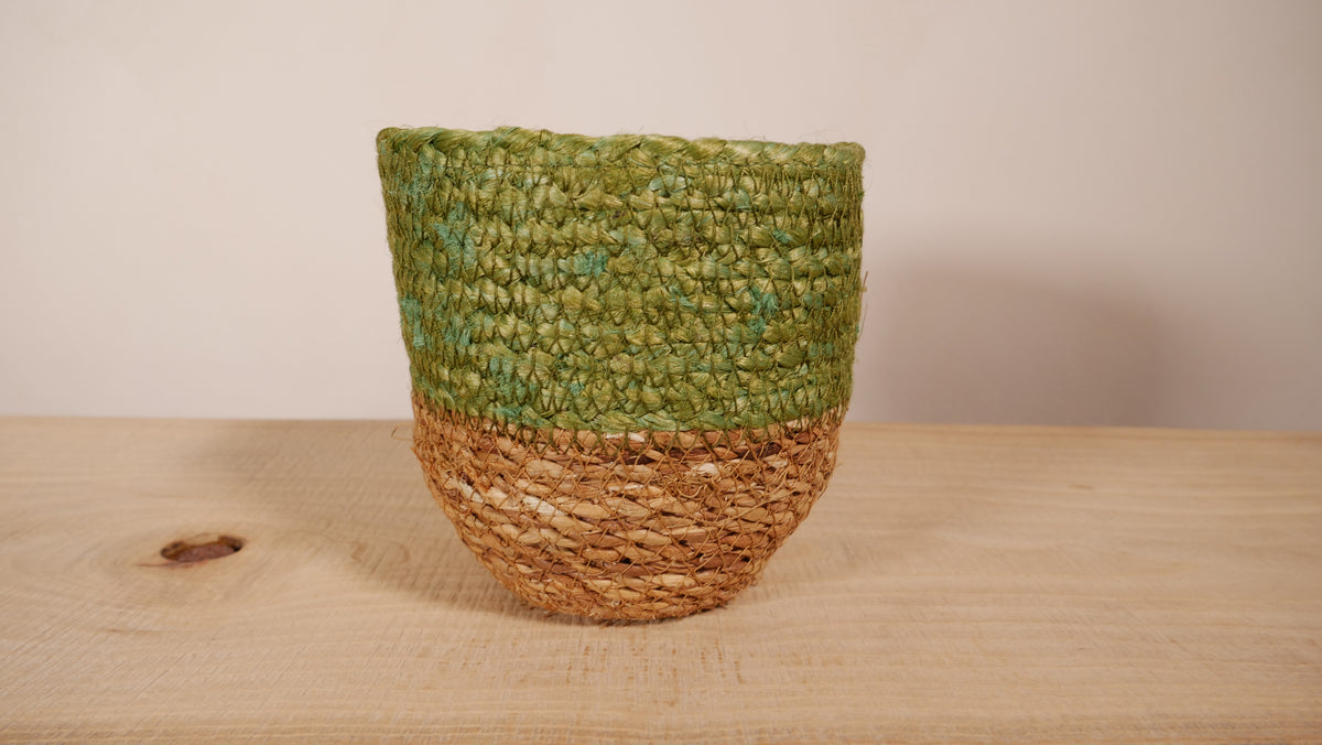 Cache-pot Malaga — Jute tressé vert olive & naturel
