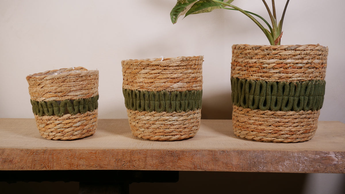 Cache-pot Sirocco — Jute tressé vert olive & naturel